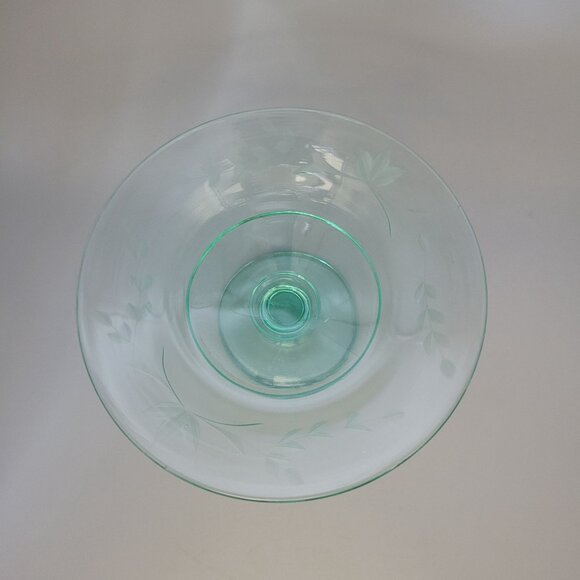 1930s Compote Bowl Etched Green Uranium Glass Glowing Glass - Picture 7 of 9